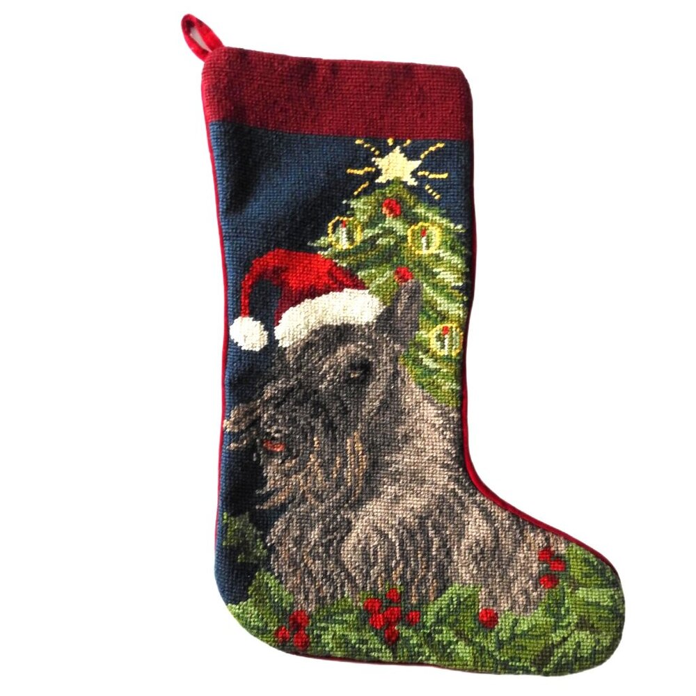Vintage Large Wool Needlepoint Scottie Scottish Terrier Santa Hat Stocking